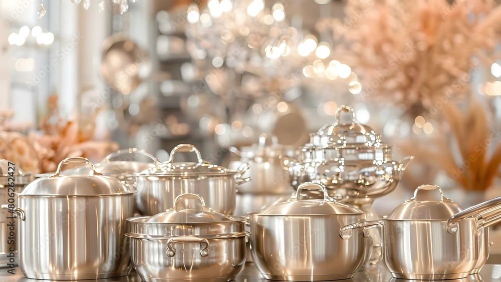 Shiny silver pots and pans are neatly arranged under exquisite chandeliers. Concept Cookware Display, Silver Pots, Chandelier Lighting, Kitchen Decor, Interior Design
