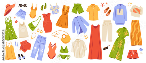 Summer cloth. Fashion garments. Casual dress, trousers and female bag. Cotton shirt and stylish bikini. Beach apparel for different travels. Trendy outfit. Vector summertime clothes set