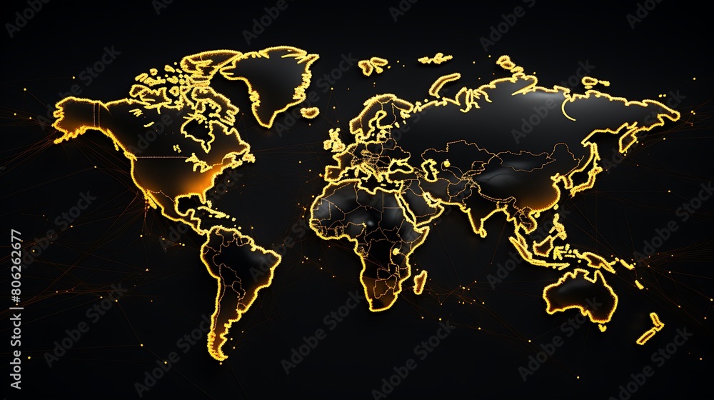 World map with golden outline on dark background. Internet business ...