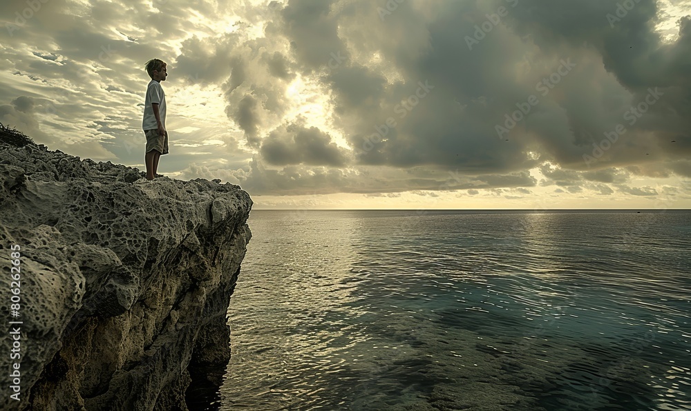 A boy stands on a limestone cliff near the water, Bonaire, Leeward Antilles
