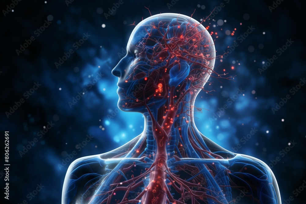 silhouette of a human body with the blood circulatory system and neural connections around head and brain, vegetative system, dark blue background, biotechnology concept silhouette of a human body with the blood circulatory system and neural connections around head and brain, vegetative system, dark blue background, biotechnology concept