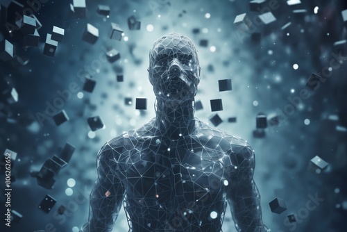 a human body made of disintegrating squares and cubes, standing in front of a digital background with abstract particles in space, cybernetics, computer rendering photo