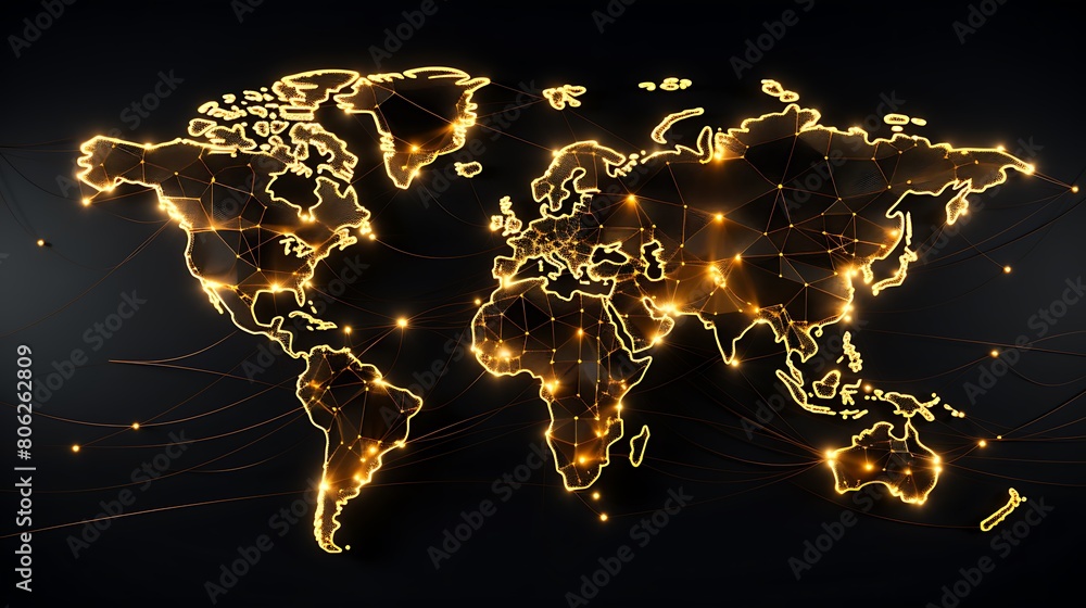 World map with golden outline on dark background. Internet business ...