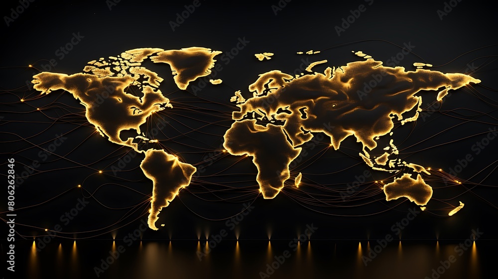 World map with golden outline on dark background. Internet business ...