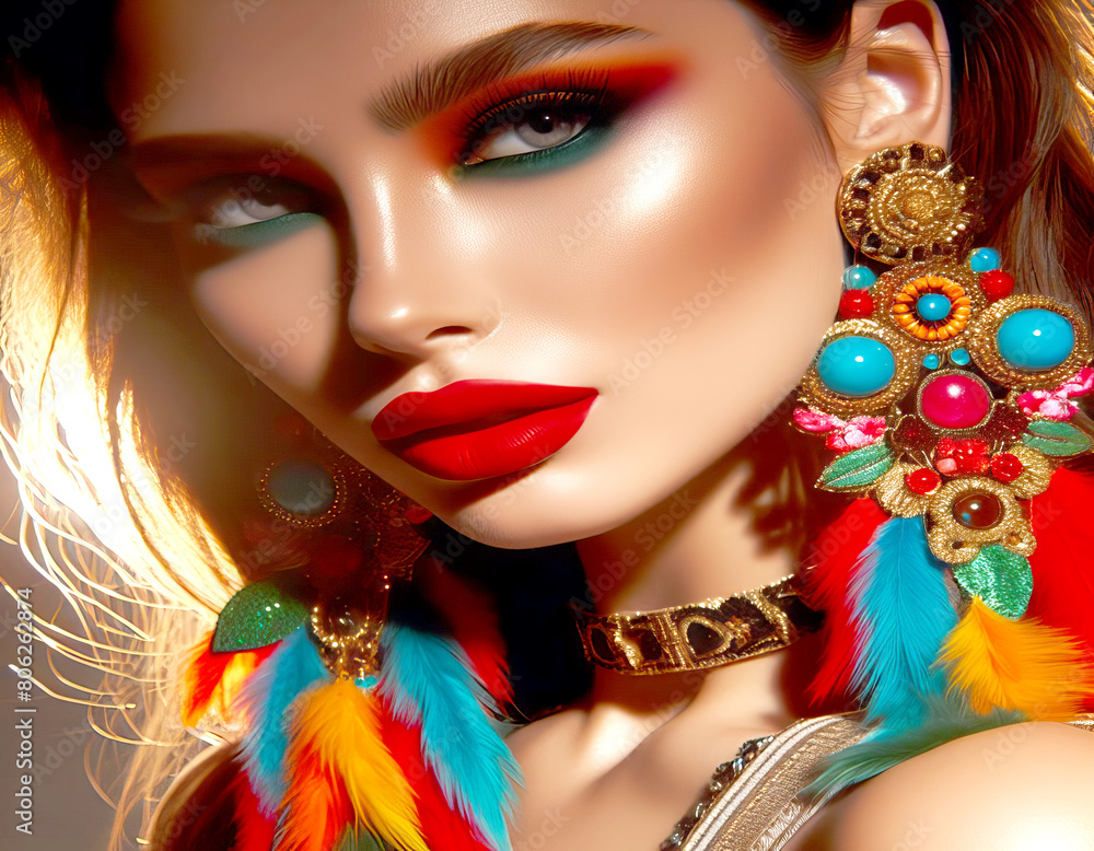 Model wearing colorful earrings and red lipstick, backlit photography, close-up shots,
in the style Model wearing colorful earrings and red lipstick, backlit photography, close-up shots,
in the style