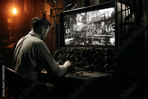 A man watches the monitor screens of a video surveillance system in a laboratory or in a scientific center, a dark environment photo