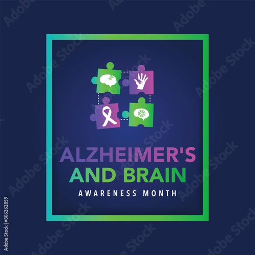 Alzheimer's and Brain awareness month is observed every year in June. it is an irreversible, progressive brain disorder that slowly destroys memory and thinking skills. Vector illustration
