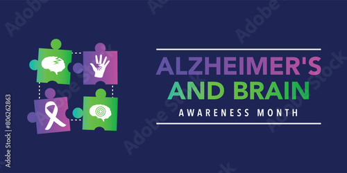 Alzheimer's and Brain awareness month is observed every year in June. it is an irreversible, progressive brain disorder that slowly destroys memory and thinking skills. Vector illustration