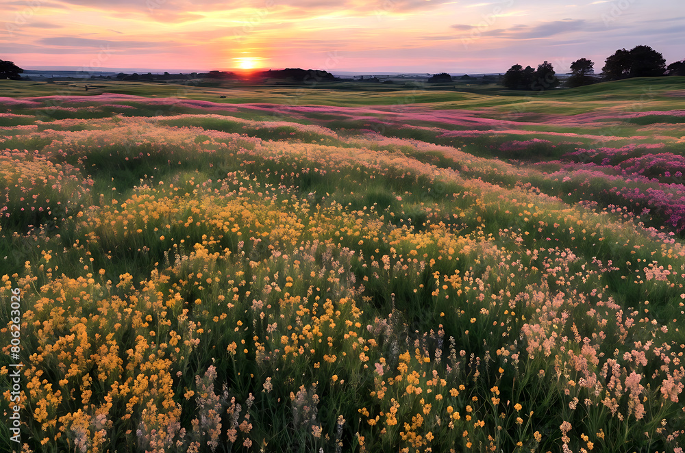 Obraz premium flowering heath and a beautiful sunset picture