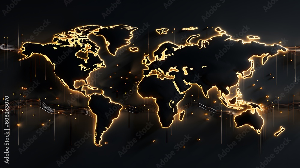 World map with golden outline on dark background. Internet business ...