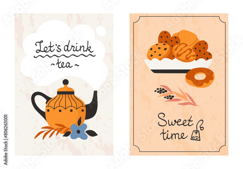 Tea drinking. Hot beverage and pastry desserts. Ceramic teapot and bowl with delicious biscuits. Sweet cookies and croissants. Porcelain tableware. Confectioneries eating. Vector cards set