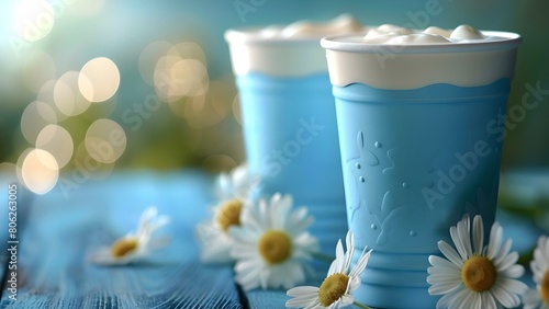 Blue Cups Filled with Milk Alternatives  A Symbol of Allergies and Inclusion. Concept Food Allergies  Inclusion  Milk Alternatives  Blue Cups  Symbolism
