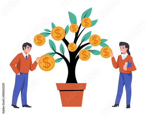 Money tree. Finance investment. Gold coins at plant branches. People investing dollars. Wealth growing. Economy profit. Successful millionaire investor. Savings cultivate. Vector concept