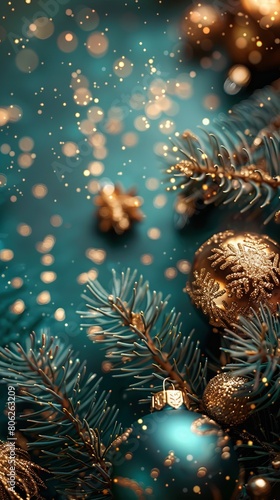 Teal and Gold Festive Background. Premium Christmas Decorations.