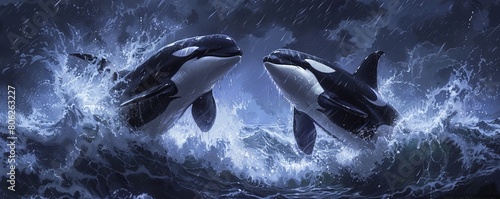 Orcas breaching in sea photo