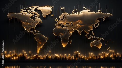 World map with golden outline on dark background. Internet business.Generative AI.暗い背景に金色の輪郭の世界地図。インターネットビジネス。Generative AI。