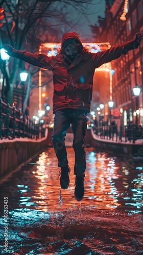 Young man jumping in river water with neon lights under bridge at night