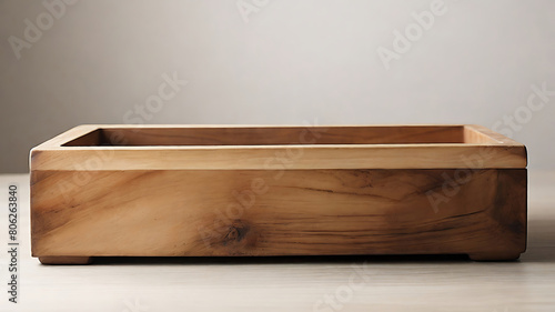 An empty wooden rectangular pot sits in the center of the picture.