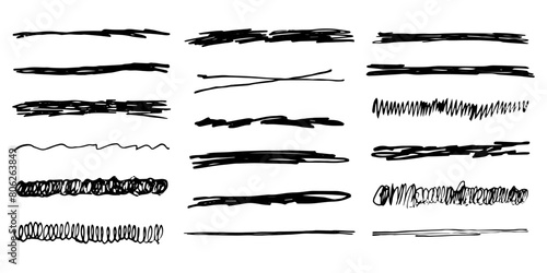 Underlines emphasis set brush stroke, marker lines grunge curve, wavy marks textured simple borders strikethrough isolated on white background. Creative collection scribble brush or crayon checks