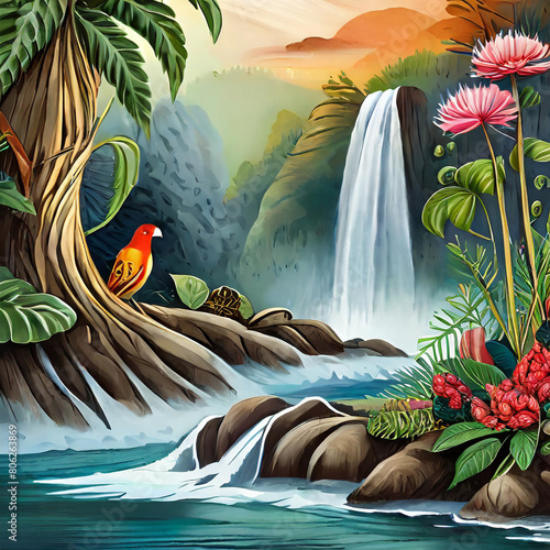 illustration d'un paysage tropical représenté par une cascade dans une forêt avec des arbres perroquet et des fleurs