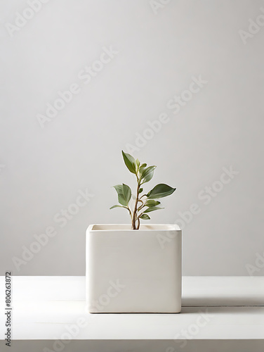 An empty white square pot with a tree sits in the center of the picture.