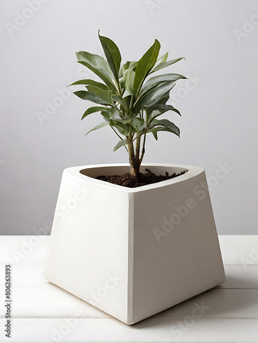 An empty white triangle pot with a tree sits in the center of the picture.