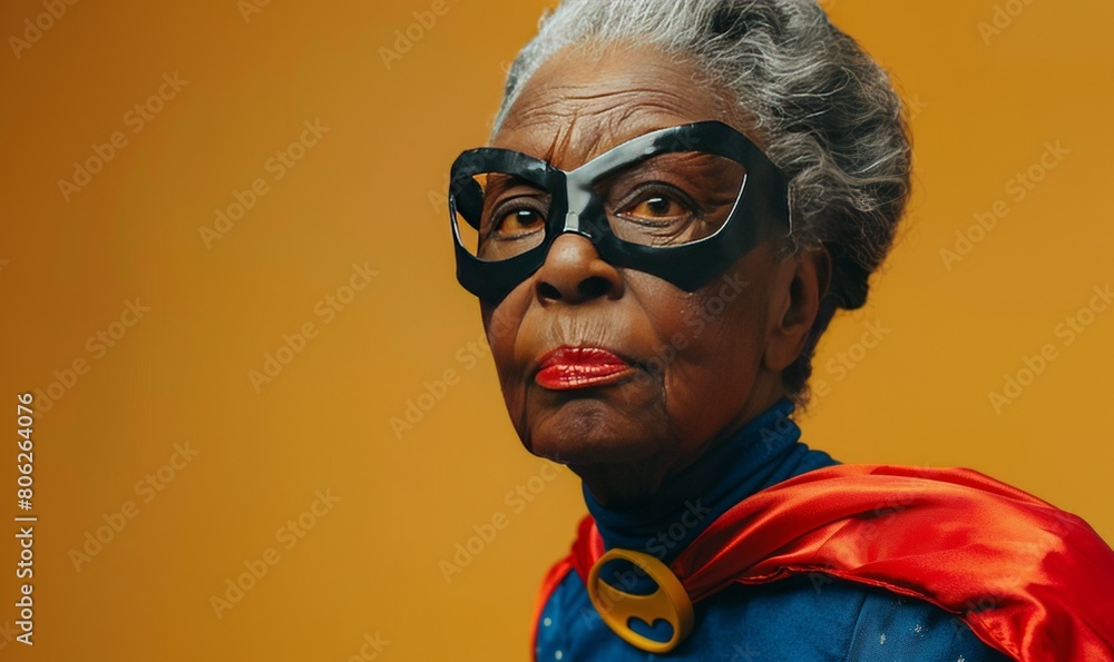 Mature black woman wearing a super hero costume including a cape and mask. Wrinkles on her face. Mature black woman wearing a super hero costume including a cape and mask. Wrinkles on her face.