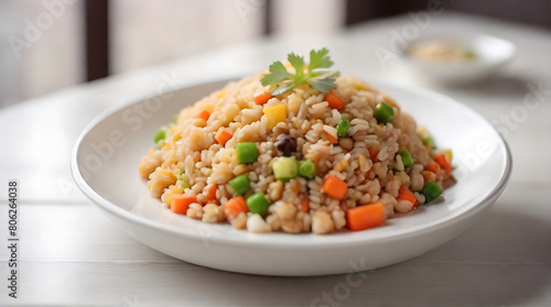 Top of view fried rice in a white plate on a white table.