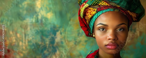 Beautiful fictional African woman with headscarf in red, green and yellow (African colors) for black history month, juneteenth or remembrance abolition photo