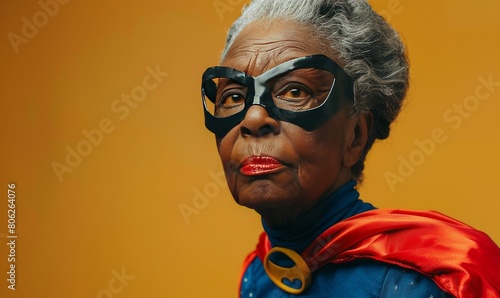 Mature black woman wearing a super hero costume including a cape and mask. Wrinkles on her face.