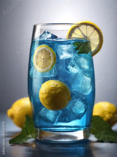 Blue lemon soda in clear glass. is in center of the picture.