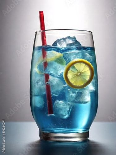 Blue lemon soda in clear glass with red straw. is in center of the picture.