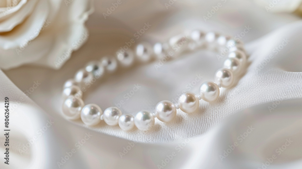 Elegant Pearl Bracelet on a Delicate White Satin Fabric Background