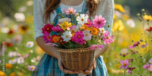 Wallpaper Mural Close-up of a young woman standing outdoors holding a wicker basket of assorted cosmos flowers on a sunny day Torontodigital.ca