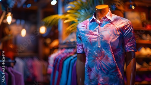 Displaying Trendy Cotton Men's Shirts in a Clothing Store for the Summer Collection. Concept Summer Collection, Men's Shirts, Clothing Store, Trendy Cotton, Displaying Products photo