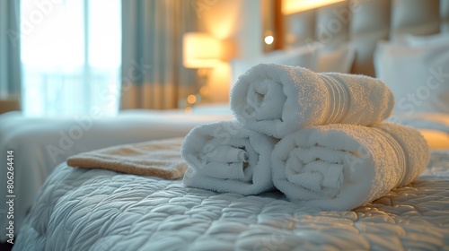 White fresh towels on the bed in the interior of a hotel room. Cozy comfortable apartments
