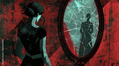 Mysterious figure observing a shattered mirror, symbolizing broken self-image and hidden pains in abusive environments. Reflection on domestic abuse