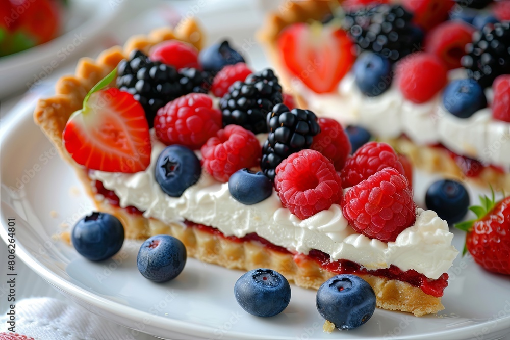 Freshly Prepared Berry Cheese Cake on a White Plate With Whipped Cream and Crust Freshly Prepared Berry Cheese Cake on a White Plate With Whipped Cream and Crust