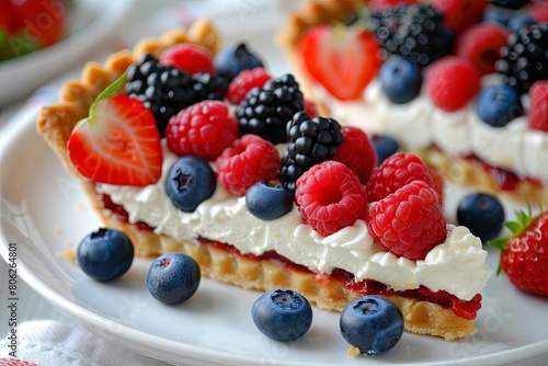 Freshly Prepared Berry Cheese Cake on a White Plate With Whipped Cream and Crust