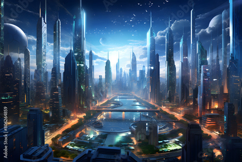 illustrated future scifi space town with beautiful colors