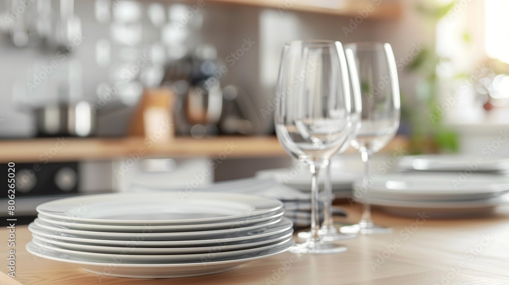 Realistic stack of plates and glasses on a blurred background of a light modern kitchen. Stack of fresh clean washed dishes, kitchen utensils Realistic stack of plates and glasses on a blurred background of a light modern kitchen. Stack of fresh clean washed dishes, kitchen utensils