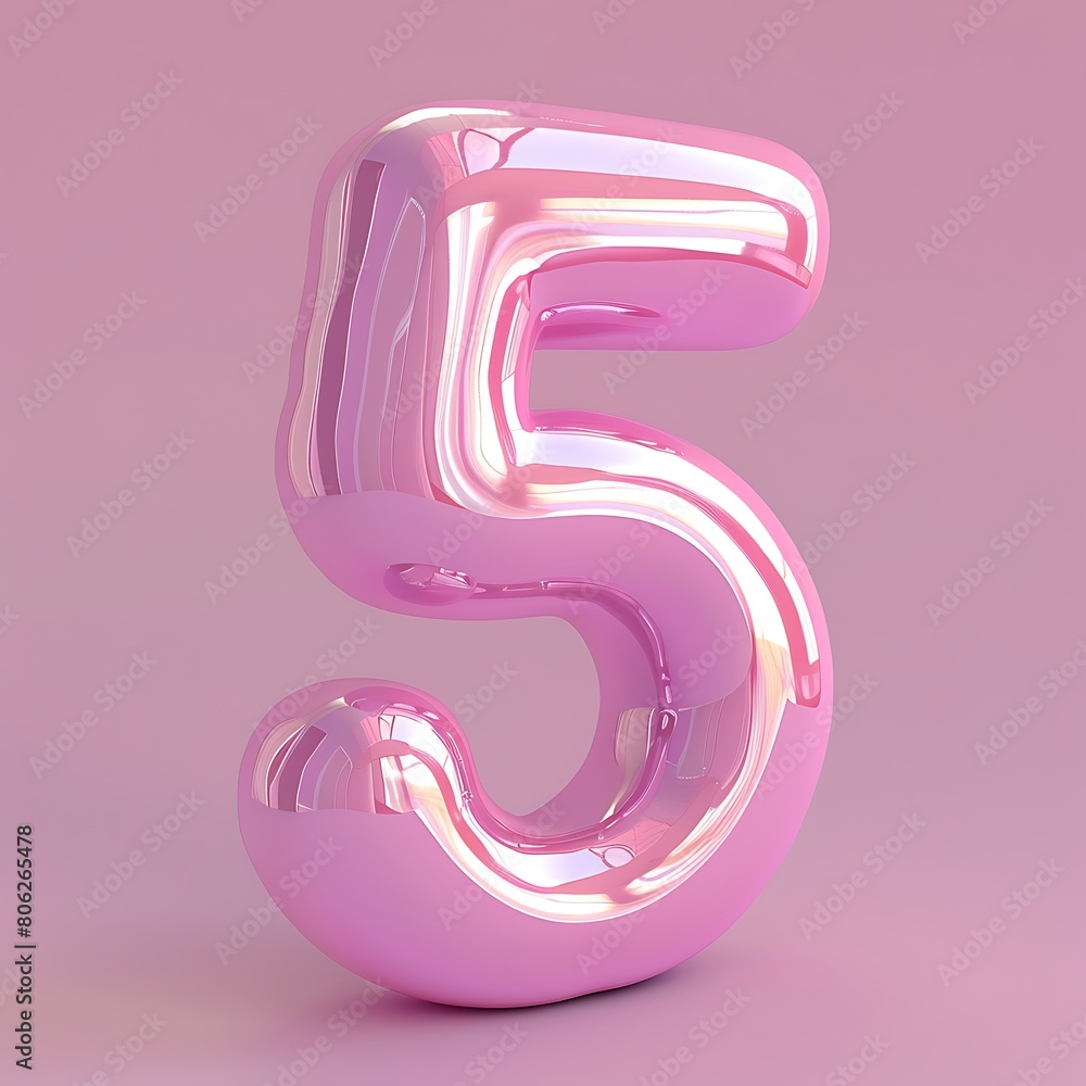Reflective pink number five in 3D set against a gray background.
Reflective pink number five in 3D set against a gray background.