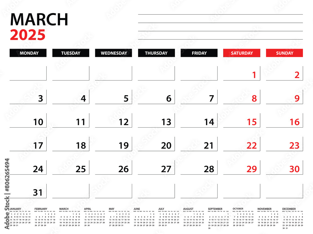 March 2025 year planner template, calendar 2025 template, monthly and