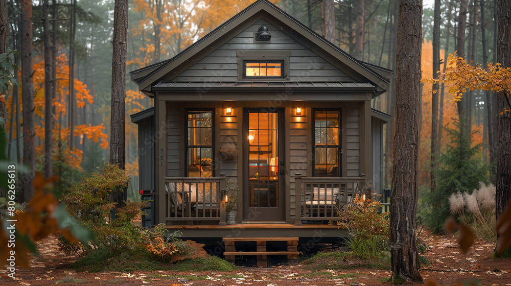 A craftsman-style tiny house with a charming front porch, natural wood accents, and a cozy interior. A craftsman-style tiny house with a charming front porch, natural wood accents, and a cozy interior.