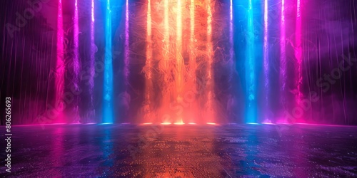 Abstract background with neon lights of various colors on stage