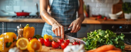 Woman cutting pepper in kitchen while cooking with diverse friends