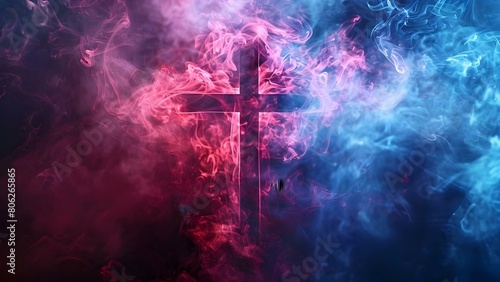 Symbolism of a Christian cross surrounded by red and blue smoke representing moral decisions. Concept Christianity, Cross Symbolism, Red Smoke, Blue Smoke, Moral Decisions photo