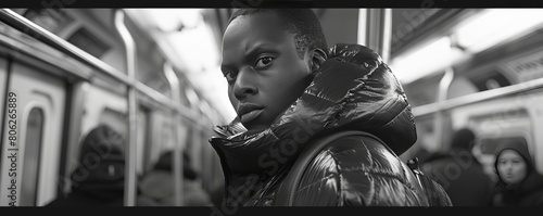 Strange man with weird expression wearing absurd puffy jacket on a New York subway. photo