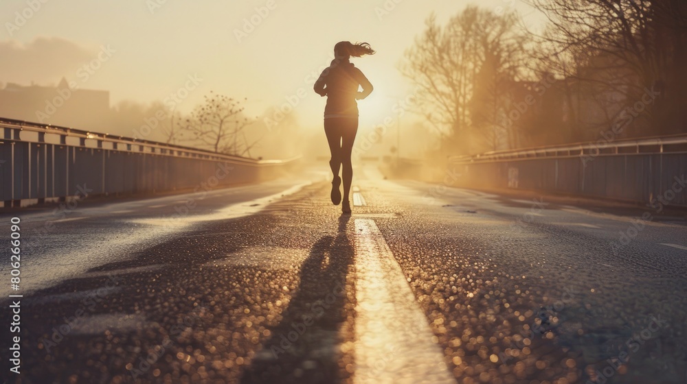 Compelling photograph capturing a female jogger in action against the soft morning light, running along a dotted road line, symbolizing strength and motivation Compelling photograph capturing a female jogger in action against the soft morning light, running along a dotted road line, symbolizing strength and motivation