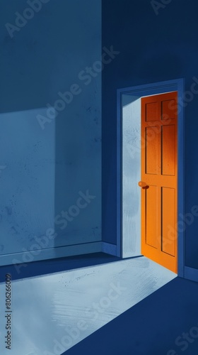 Minimalistic image of a blue room with an open orange door. Represents opportunities to escape abusive environments